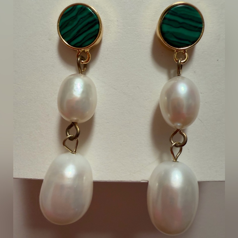 Tory Burch Gold and Green semiprecious mother of Pearl drop with pearl Earrings
